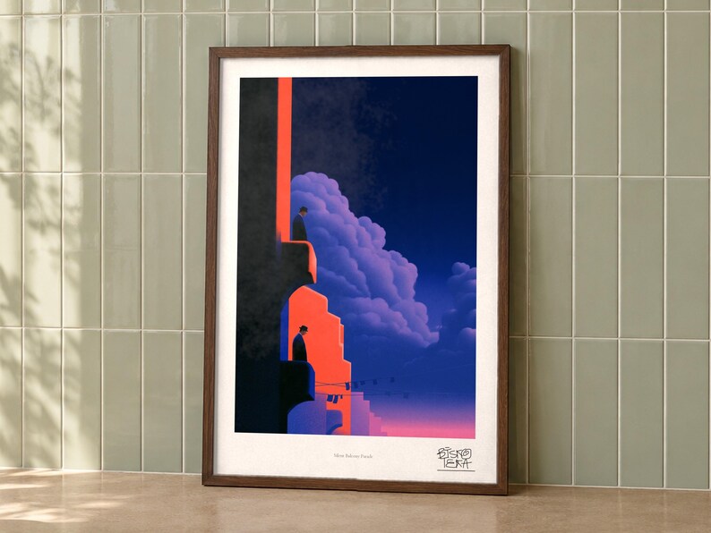 Silent Balcony Parade art print on a wall, room view