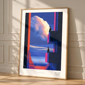Balcony Men Stillness art print, framed, shown in a styled room