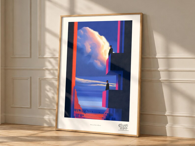 Balcony Men Stillness art print, framed, shown in a styled room