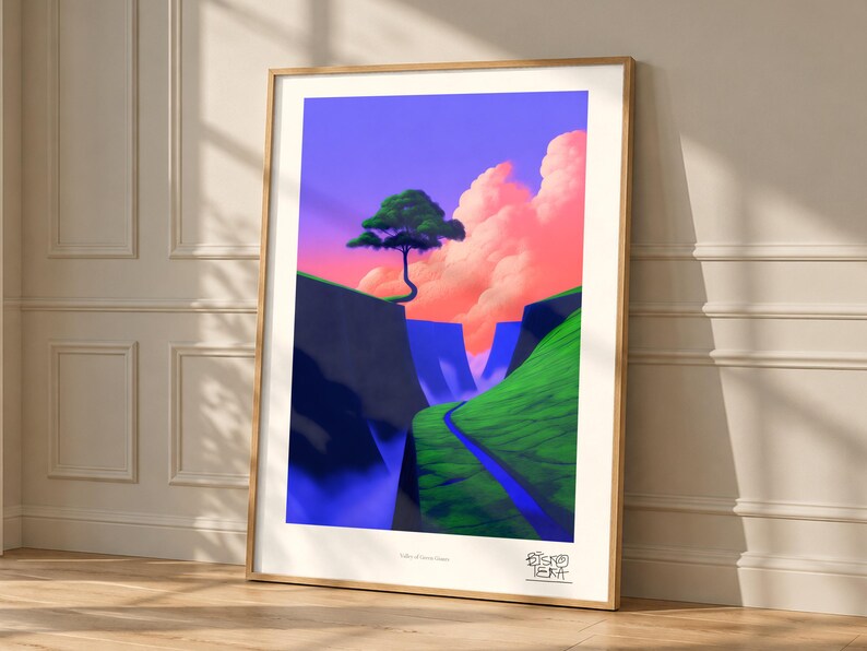Valley of Green Giants art print, framed, shown in a styled room