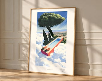 Mediterranean Wall Art Print, Pool Above the Clouds, Umbrella Pine Villa Decor