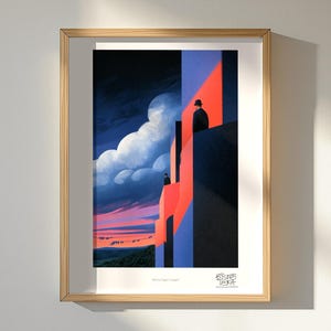 Bowler Hat Men Art Print, Balcony at Dusk Coral Surreal, Modern Living Room Art