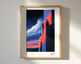 Bowler Hat Men Art Print, Balcony at Dusk Coral Surreal, Modern Living Room Art