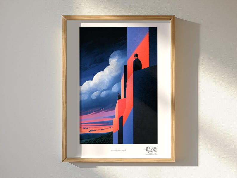Balcony Figures Languid art print, framed, shown in a styled room