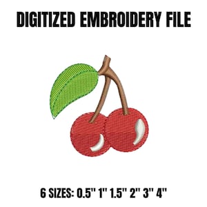 Puede incluir: Un archivo de bordado digitalizado de dos cerezas rojas con tallos marrones y una hoja verde. Las cerezas tienen reflejos blancos. El texto dice DIGITIZED EMBROIDERY FILE y 6 SIZES: 1,27 cm, 2,54 cm, 3,81 cm, 5,08 cm, 7,62 cm, 10,16 cm.