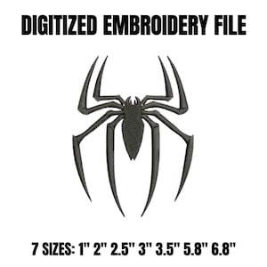 May include: A black spider embroidery design with the text DIGITIZED EMBROIDERY FILE at the top and 7 SIZES: 1" 2" 2.5" 3" 3.5" 5.8" 6.8" at the bottom. The spider features a central body and eight long, pointed legs in a symmetrical layout.