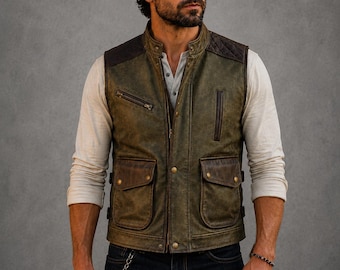 Gilet da uomo in pelle di agnello effetto invecchiato, stile biker vintage.