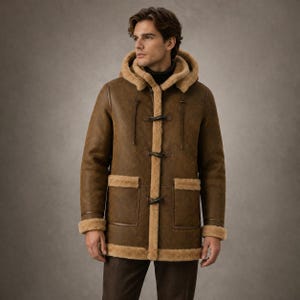 May include: A brown hooded coat with a tan faux shearling lining and trim. The coat features a toggle closure system with three dark brown toggles down the front, long sleeves with shearling cuffs, and two large patch pockets with shearling trim.
