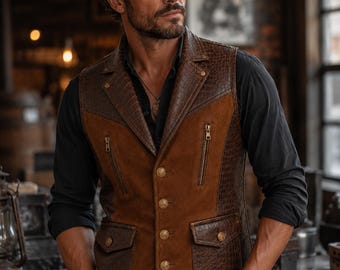 Men's Brown Leather Crocodile Embossed Western Biker Vest Ranch Style waistcoat
