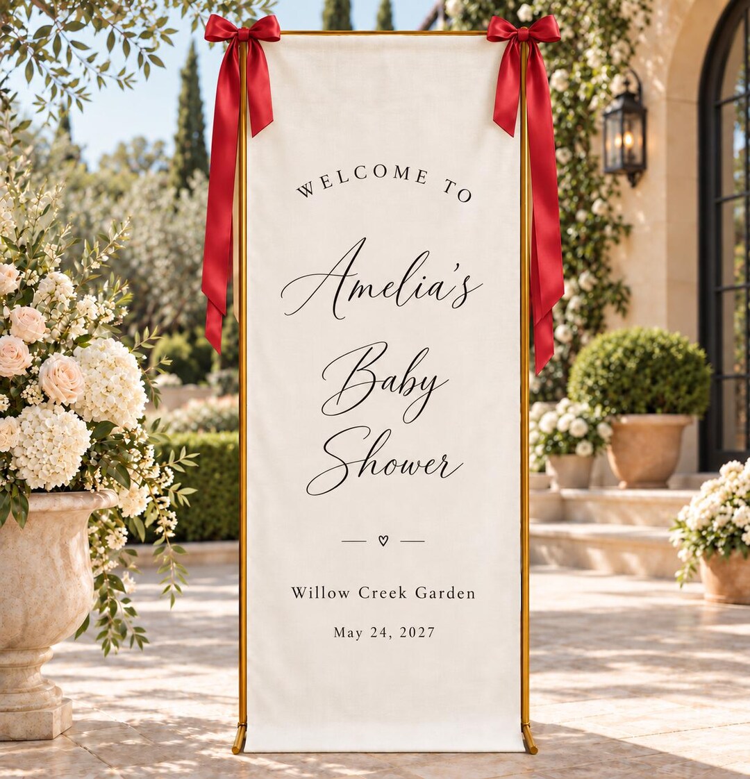 Personalized Script Baby Shower Welcome Sign, Linen Banner With Red ...