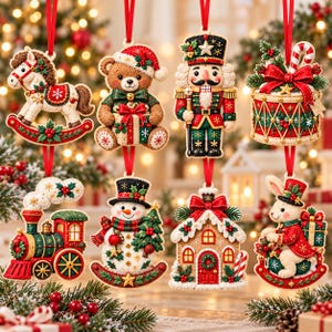Vintage kerstornament van vilt, notenkraker, hobbelpaard, teddybeer, treinornament, nostalgische speelgoedboomdecoratie, pluche ornament, cadeau