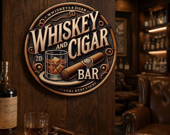 Może przedstawiać: Okrągły drewniany szyld ścienny z napisem "WHISKEY AND CIGAR BAR" wypukłymi, pogrubionymi literami. Projekt zawiera grafikę szklanki wypełnionej bursztynowym płynem i kostkami lodu obok brązowego cygara, na tle ciemnego drewna.