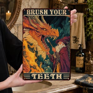 Dragon Wizard Metal Sign, Funny Fantasy Bathroom Wall Decor, Vintage Tin Sign