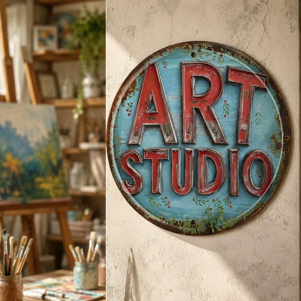 Art Studio Metal Sign, Round Artist Tin Sign, Creative Room Wall Decor, Painter Gift