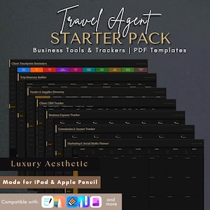 May include: A digital travel agent starter pack featuring business tools and trackers in PDF format. The dark-themed templates include a trip itinerary builder, vendor directory, CRM tracker, expense tracker, and marketing planner for iPad and Apple Pencil.