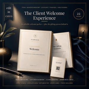 Peut inclure: Un ensemble de modèles numériques pour conseillers en voyages intitulé The Client Welcome Experience, comprenant un guide d'accueil, un livret sur les cadeaux et une petite carte avec un QR code, dans des tons crème et or sur fond bleu marine.