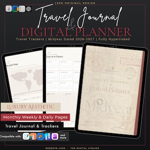 May include: A digital planner and travel journal displayed on three tablet screens. The interface features a world map, a 2026-2027 year-at-a-glance calendar, and a cover page titled Travel Journal & Dated Planner Midyear 2026-2027 with vintage postal stamps.