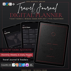 May include: A digital travel journal and planner displayed on three tablet screens against a black background. The interface features a dark aesthetic with red text, including a world map, a year-at-a-glance calendar, and a dated midyear planner cover.