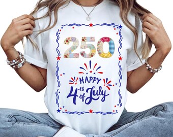 Camiseta floral del 250 aniversario de la Independencia, patchwork del 4 de julio, camiseta blanca del semiquincentenario.