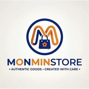 May include: A circular logo featuring an orange stylized letter M that forms a handle for a dark blue shopping bag with an orange flower icon. Below the icon, the text reads MONMINSTORE followed by the phrase AUTHENTIC GOODS CREATED WITH CARE.