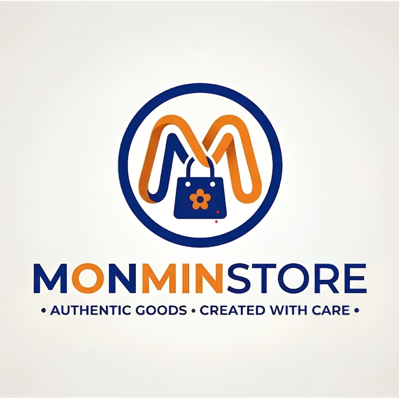 May include: A circular logo featuring an orange stylized letter M that forms a handle for a dark blue shopping bag with an orange flower icon. Below the icon, the text reads MONMINSTORE followed by the phrase AUTHENTIC GOODS CREATED WITH CARE.