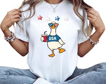 Camiseta patriótica con pato divertido, estampado de gafas de EE. UU., ropa blanca para el Día de la Independencia.