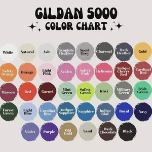 May include: A Gildan 5000 color chart featuring forty-one circular paint swatches arranged in rows. Each swatch is labeled with its corresponding color name, including White, Natural, Ash, Graphite Heather, Sport Grey, Charcoal, Dark Heather, Gold, Safety Orange, Orange, Light Pink, Azalea, Safety Pink, Heliconia, Antique Cherry Red, Cardinal Red, Maroon, Red, Garnet, Mint Green, Safety Green, Kiwi, Military Green, Irish Green, Forest Green, Light Blue, Carolina Blue, Antique Sapphire, Sapphire, Indigo Blue, Royal, Navy, Violet, Purple, Old Gold, Sand, Dark Chocolate, and Black.
