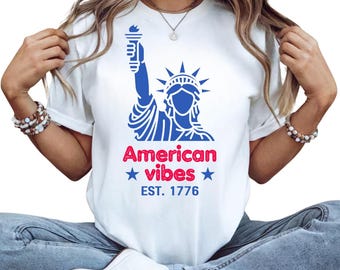 Camiseta de la Estatua de la Libertad, diseño "Est. 1776", color blanco, ropa patriótica para las fiestas de Estados Unidos.