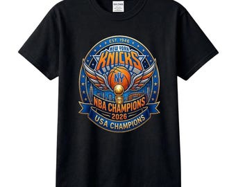 Camiseta de los campeones de baloncesto de Nueva York, gráfico de la victoria del torneo 2026, ropa deportiva negra para aficionados.