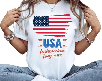 Camiseta patriótica del 4 de julio, diseño gráfico de Estados Unidos Est. 1776, ropa con bandera, camiseta para mujer.