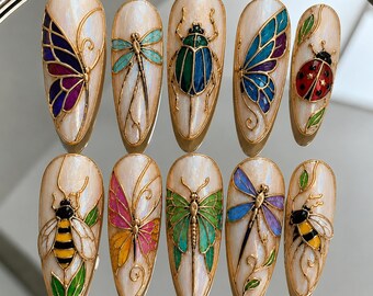 Uñas postizas de vitral, mariposa, libélula, abeja, hechas a mano, uñas almendradas postizas con pegamento, uñas almendradas doradas cromadas con pegamento