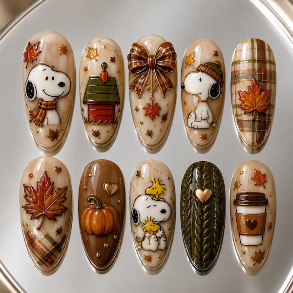 Fall Press On Nails, Cute Cartoon Autumn Nails, Pumpkin Maple Leaf Plaid Nails, Handmade Reusable Glue On Nail Set