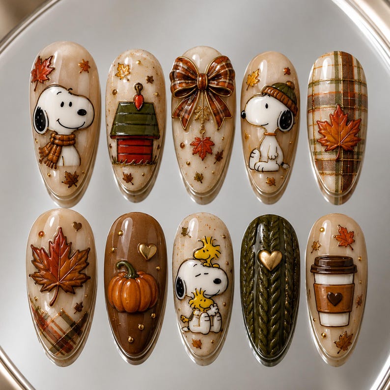 May include: A set of ten press-on nails featuring autumn-themed designs including Snoopy, Woodstock, a doghouse, plaid patterns, maple leaves, a pumpkin, a coffee cup, and a green cable-knit texture, all accented with small gold beads and hearts.