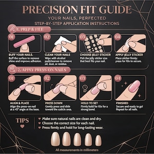 May include: A precision fit guide for press-on nails featuring step-by-step application instructions. The graphic includes sections for prep and file, and applying press-on nails, with numbered illustrations showing buffing, cleaning, sticker application, and nail placement. Tips and five nail size examples are included at the bottom.