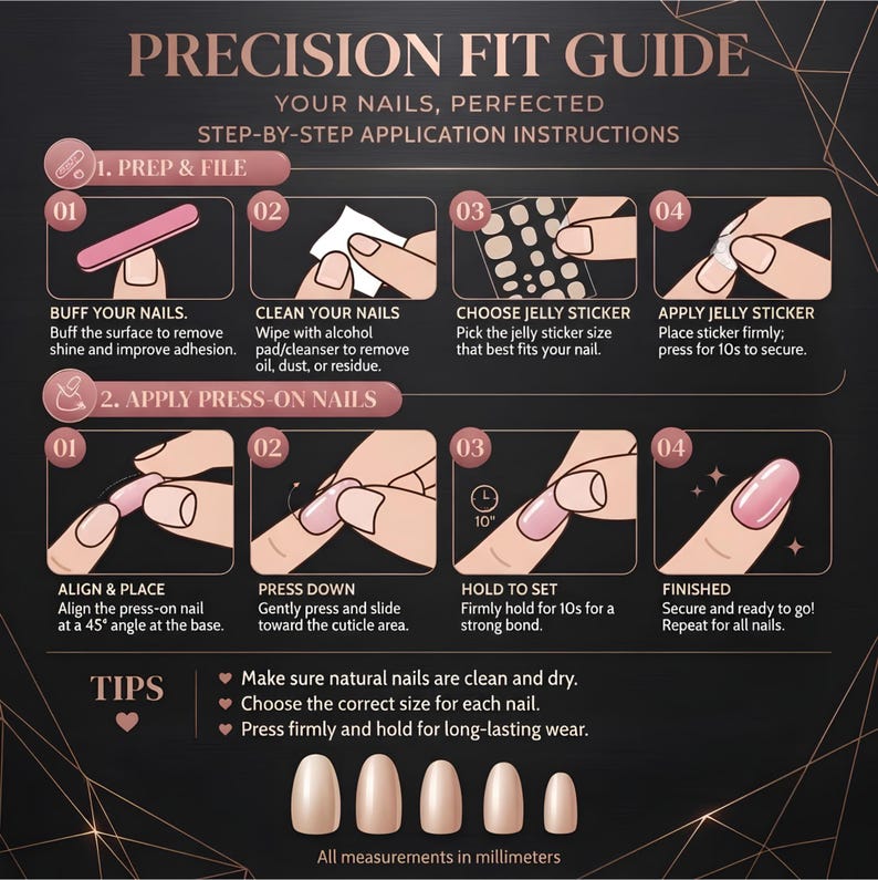 May include: A precision fit guide for press-on nails featuring step-by-step application instructions. The graphic includes sections for prep and file, and applying press-on nails, with numbered illustrations showing buffing, cleaning, sticker application, and nail placement. Tips and five nail size examples are included at the bottom.