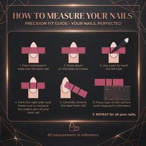 May include: A black instructional guide titled HOW TO MEASURE YOUR NAILS with rose gold text. It features seven steps using tape, a pen, and a ruler to measure nail width in millimeters. The graphic shows a nail, tape, and a ruler for precision.