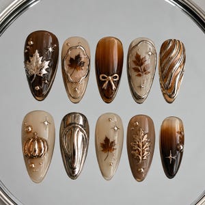 Autumn Press On Nails, 3D Chrome Fall Leaf Nails, Gold Pumpkin Handmade Fake Nails, Brown Glue On Nail Set