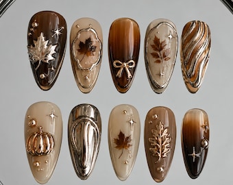 Autumn Press On Nails, 3D Chrome Fall Leaf Nails, Gold Pumpkin Handmade Fake Nails, Brown Glue On Nail Set