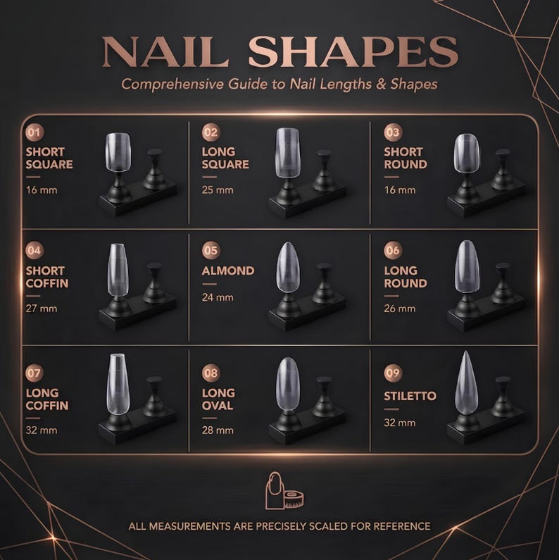 May include: A comprehensive guide titled NAIL SHAPES displaying nine clear nail tip styles on black stands. Each style is numbered 01 through 09, labeled with names like Short Square, Long Coffin, and Stiletto, and includes measurements in millimeters.