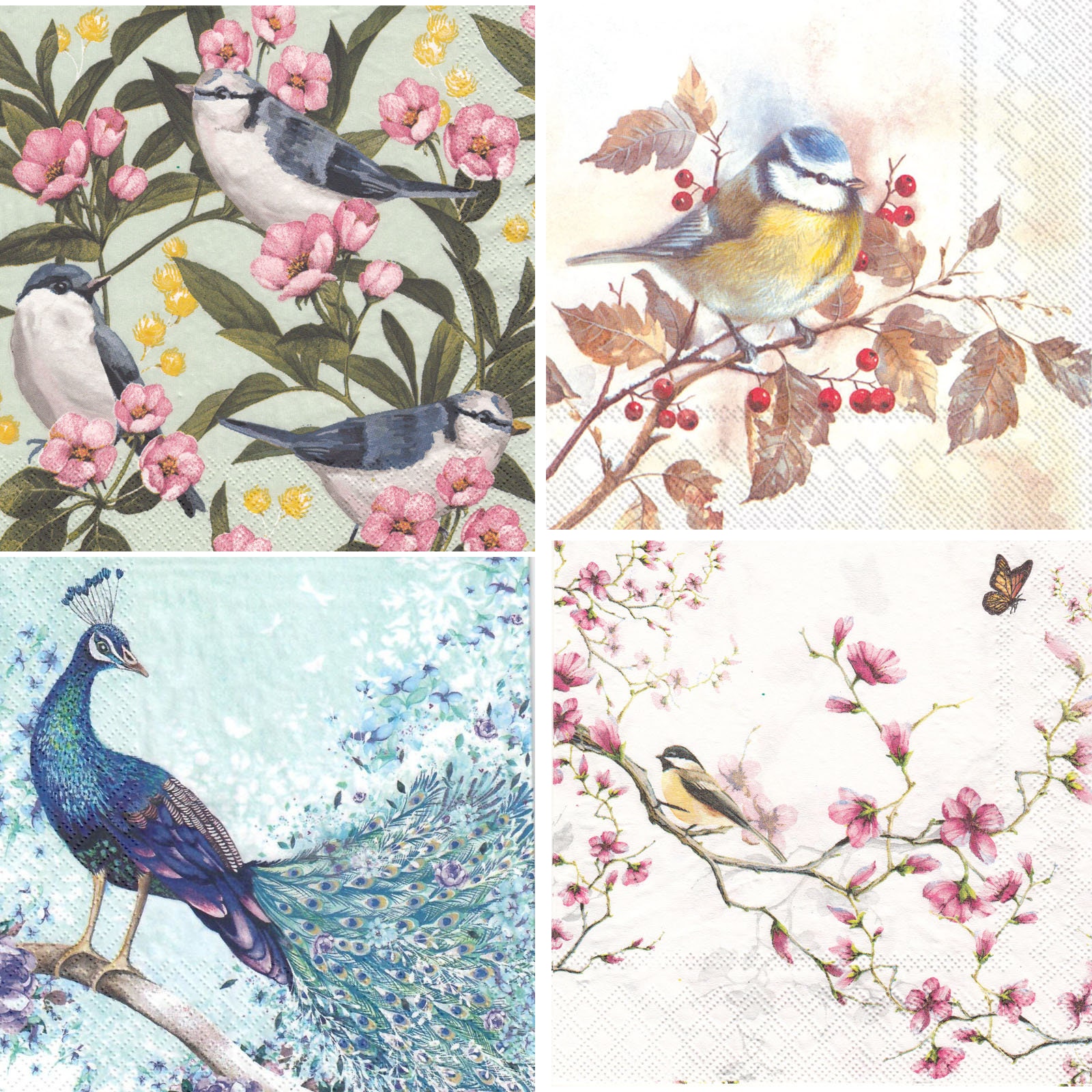 BIRD NAPKINS Set of 4 different Bird Napkins for Christmas Etsy