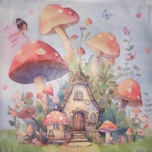 Château de champignons féeriques, serviettes de table, jeux de serviettes en papier pour découpage, format déjeuner. Les fées. Champignons, champignons vénéneux.