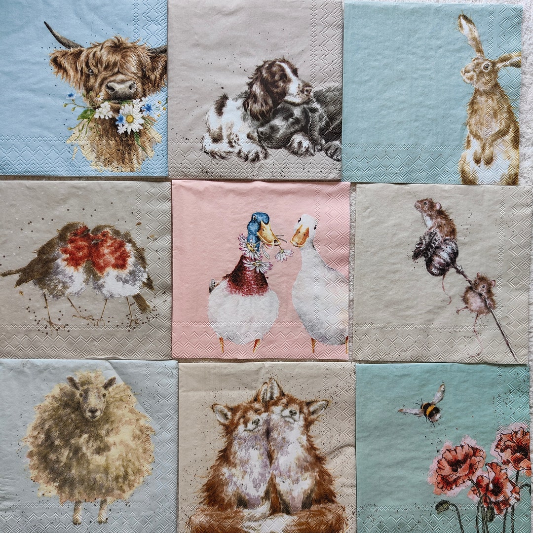 WRENDALE NAPKINS BUNDLE, Mixed Set of 9 Decoupage Wrendale Cocktail