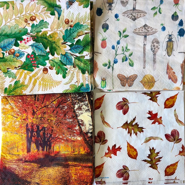 Autumn COLLECTION Napkins, Mixed Set of 4 or Matching Pairs Paper Decoupage Napkins, Luncheon Size, Copyright Free