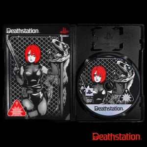 May include: A black plastic game case containing a disc, featuring a black and white illustration of a person with bright red hair holding a firearm next to a dinosaur behind a chain-link fence. The text Deathstation is printed on the cover.