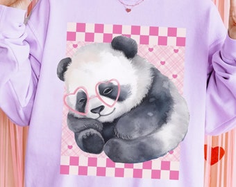 Kawaii Panda Sweatshirt: Heart Glasses, Pastel Gingham Crewneck
