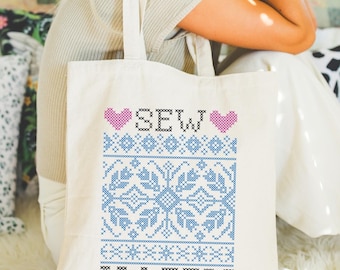 Bolsa de lona Sew Happy: estilo ponto cruz, presente para costureiras