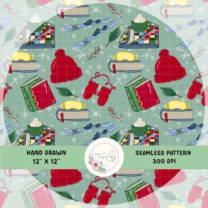 May include: A seamless pattern with winter elements. The design includes red beanies, mittens, books, skis, goggles, and mugs of hot chocolate on a light green background. The text "HAND DRAWN 12" X 12"" is visible.