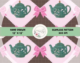 Könnte beinhalten: Nahtloses Muster mit tealfarbenen Teekannen mit floralen Akzenten, rosa Schleifen und Teetassen auf einem braunen und rosa Hintergrund. Das Design enthält den Text "Hand Drawn 12" x 12"" und "Seamless Pattern 300 DPI".