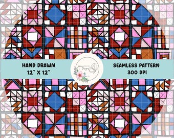 Quilt Block Hand-Drawn Seamless Pattern, Repeating Sewing Design
