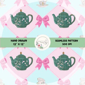 May include: A seamless pattern featuring hand-drawn teapots, pink bows, and teacups on a light blue and pink background. The teapots are teal with floral accents. The text reads "HAND DRAWN 12" X 12"" and "SEAMLESS PATTERN 300 DPI".